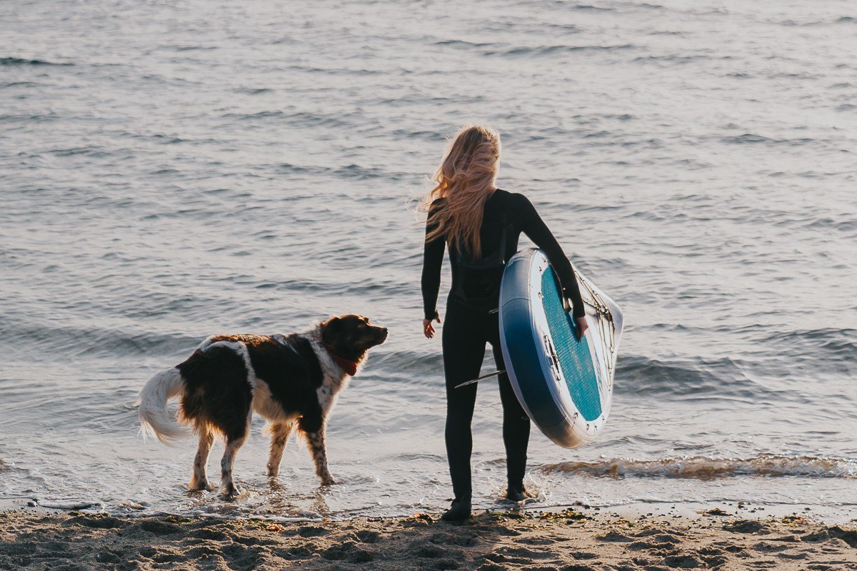 Paddle Boarder on Beach with Dog